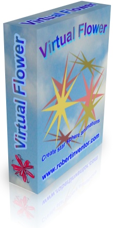 Virtual Flower - create star sphere animations - cube star and another star sphere with white clouds in blue sky - box shot