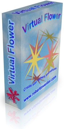 Virtual Flower - create star sphere animations - cube star and another star sphere with white clouds in blue sky - box shot