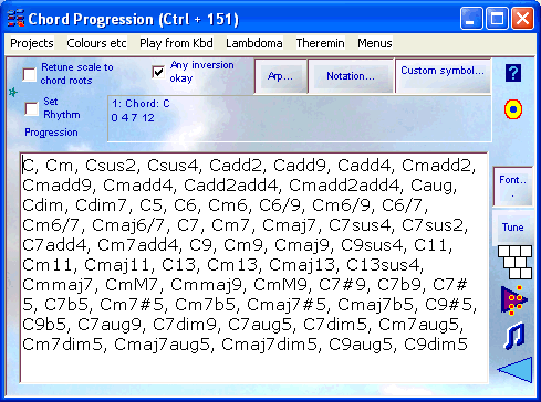 Chord progression field with lots of C type chords, starts C, Cm, Csus2, Csus4, Cadd2, ...